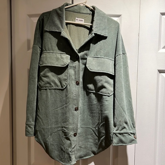 Sage Green Warm Cotton Corduroy Patch Pocket Button-Down Shacket